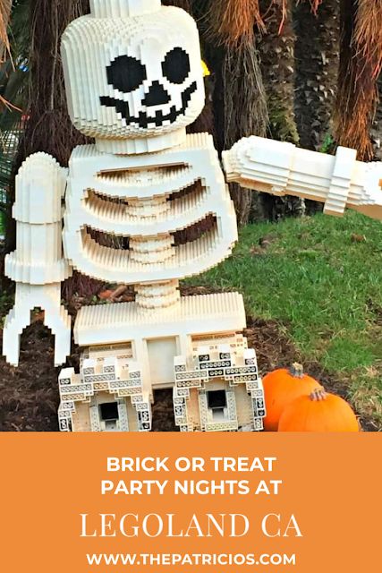 a skeleton made out of legos in the grass with text that reads brick or treat party nights at legoland ca