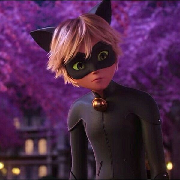 an animated catwoman with green eyes and black catsuit on her face, standing in front of purple trees