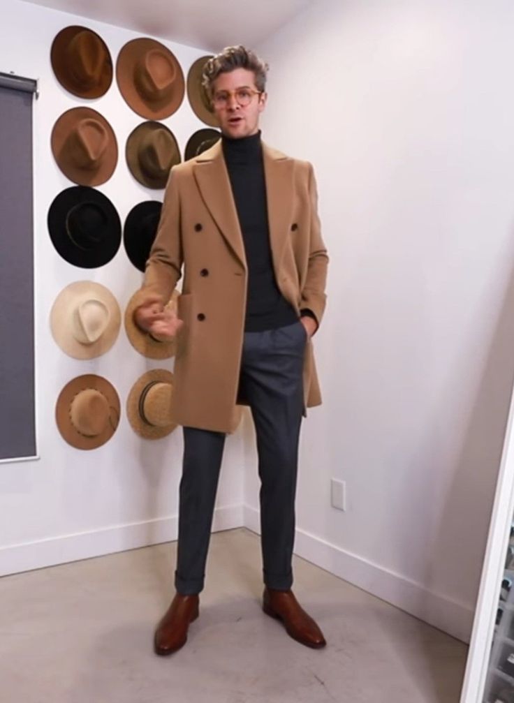 Mens Tan Overcoat Outfit, Khaki Overcoat Men, Coat And Turtleneck Outfit Men, Mens Brown Coat Outfit, Beige Overcoat Men Outfit, Brown Peacoat Outfit Men, Brown Overcoat Men Outfit, Brown Turtleneck Outfit Men, Camel Overcoat Men Outfit