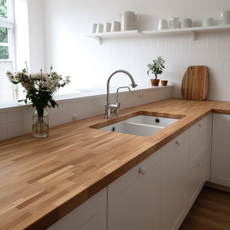 a kitchen with white cabinets and wooden counter tops, flowers in vases on the window sill