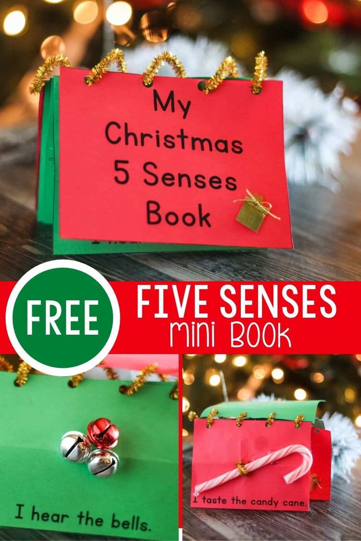 the five senses mini book for christmas is shown in three different pictures and has bells on it