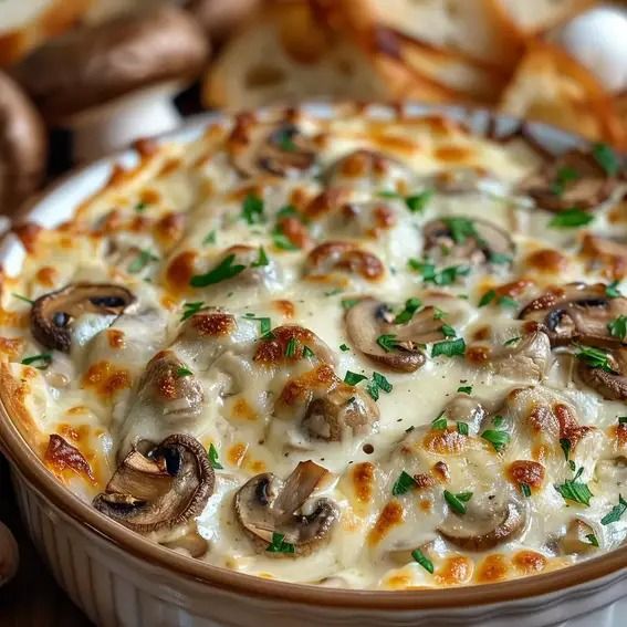 a casserole dish with mushrooms and cheese in it on a table next to garlic bread