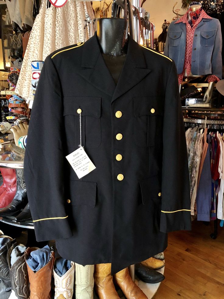 "Vintage Army Military Jacket Black and Gold Blazer, 40L Measurements 18\" Shoulder 25\" Top Sleeve Length 40\" Chest and Waist 34\" Length in Back In good condition!" Tailored Single-breasted Uniform Outerwear, Tailored Business Uniform Outerwear, Tailored Long Sleeve Uniform Suits, Formal Military Blazer With Button Closure, Fitted Military Blazer With Lapel Collar, Fitted Military Style Outerwear Single Breasted, Fitted Military Style Single Breasted Outerwear, Uniform Style Notch Lapel Single Breasted Blazer, Fall Uniform Blazer With Button Closure