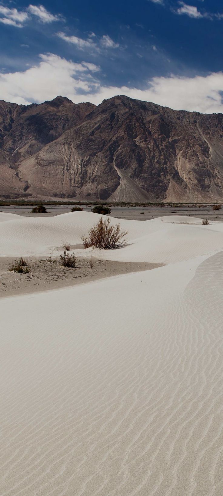 the desert is covered in white sand and mountains