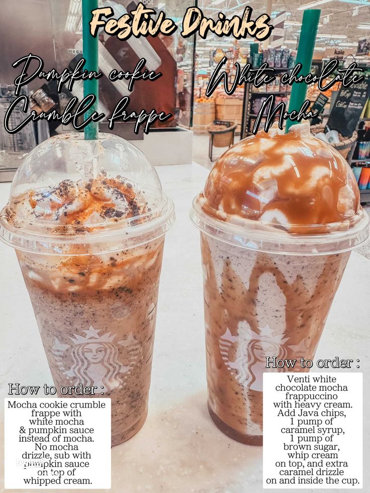 two iced drinks sitting next to each other on top of a white counter in a store