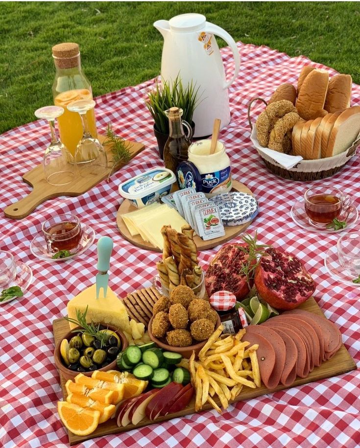 a table topped with lots of different types of cheeses and meats on top of a checkered table cloth