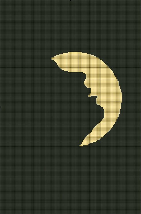 a cross stitch pattern with the shape of a crescent moon in yellow and black, against a dark background