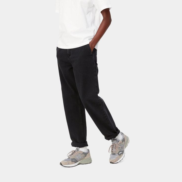 Color: Black (stone washed) - The Women’s Pierce Pant is constructed from our 'maverick' blue denim, which is simultaneously robust and comfortable. This garment is based on a classic work pant, complete with utilitarian pocket detailing. Features subtle Carhartt WIP label detailing on the rear right pocket and contrast stitching.  
\ 100% Cotton 'Maverick' Denim, 10.5 oz 
\ regular waist 
\ fits true to size 
\ contrast stitching 
\ bartack stitching at vital stress points 
\ tool pockets and h Washed Black Relaxed Fit Denim Pants, Relaxed Fit Washed Black Denim Pants, Washed Black Relaxed Fit Jeans With Tapered Leg, Relaxed Fit Washed Black Tapered Jeans, Washed Black Relaxed Fit Tapered Jeans, Relaxed Fit Rigid Denim Bottoms With Tapered Leg, Relaxed Fit Rigid Denim Tapered Pants, Relaxed Fit Tapered Leg Rigid Denim Pants, Streetwear Jeans With Tapered Leg And Hip Pockets