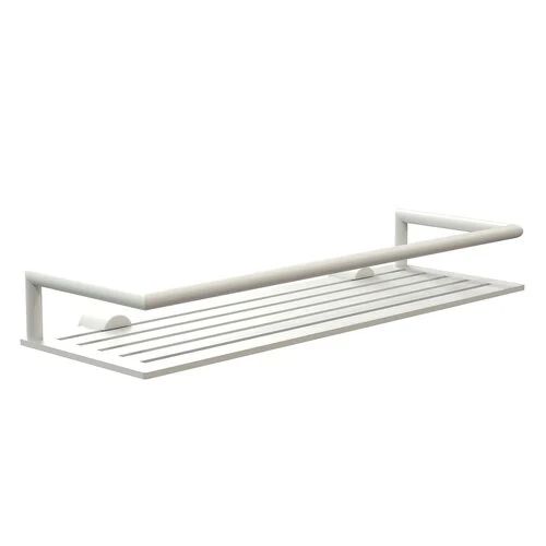 a white shelf with two hooks on it