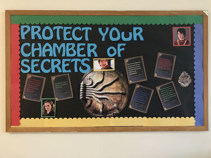 a bulletin board with pictures on it that says protect your chamber of secrets