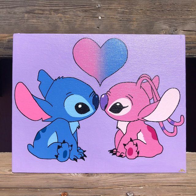 a painting of two cartoon characters kissing each other on a purple background with heart shaped balloons