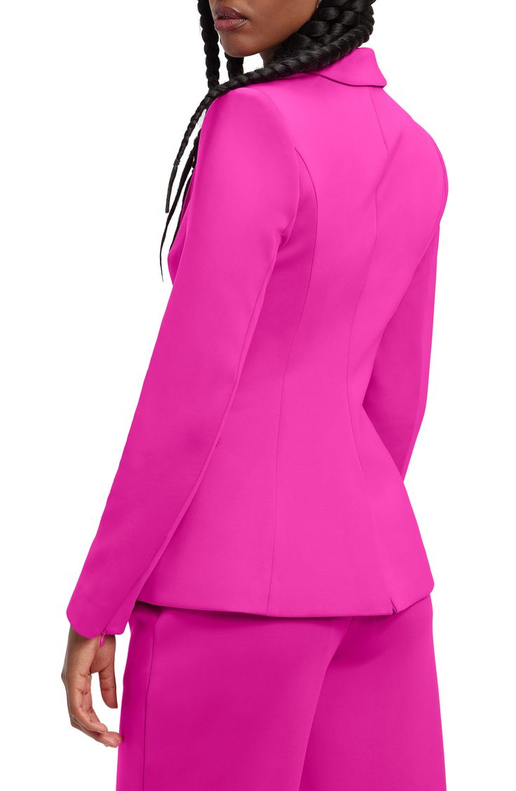 Stretchy scuba fabric ensures a sleek, figure-flattering silhouette in this soft-yet-structured single-button blazer. 27" length (size 1) Peaked lapels Zip cuffs 92% polyester, 8% elastane Dry clean Imported Black Owned/Founded Chic Fitted Notched Outerwear, Tailored Elastane Blazer, Fitted Blazer With Lapel Collar In Solid Color, Fitted Blazer With Lapel Collar, Sleek Fitted Outerwear With Hidden Button Closure, Stretch Notch Lapel Blazer For Office, Fitted Plain Blazer With Lapel Collar, Stretch Blazer With Notch Lapel For Office Wear, Fitted Structured Suits For Spring