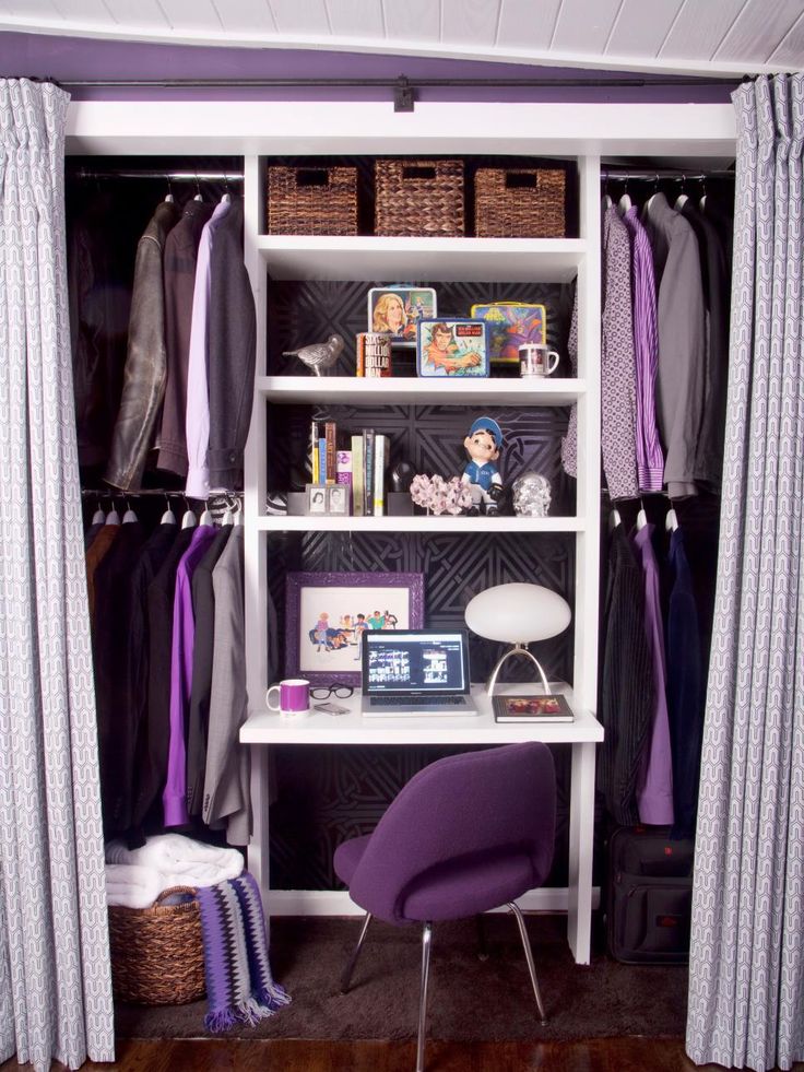 the closet is organized with purple and white items, such as bookshelves and curtains