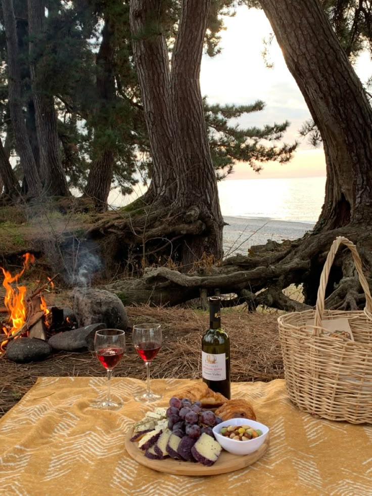 a picnic table with wine, cheese and bread next to a fire in the woods