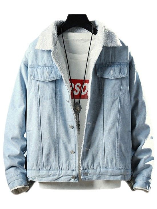 Fluffy Faux Fur Button Fly Denim Jacket - Light Blue - 4N84860515 - Men's Clothing  #MensClothing #Men's #Clothing Fur Denim Jacket Outfits, Fur Denim Jacket, Mens Outwear, Cars Jeep, Denim Jacket With Fur, Denim Jacket Outfit, Cheap Mens Fashion, Fall Ideas, Denim Jackets