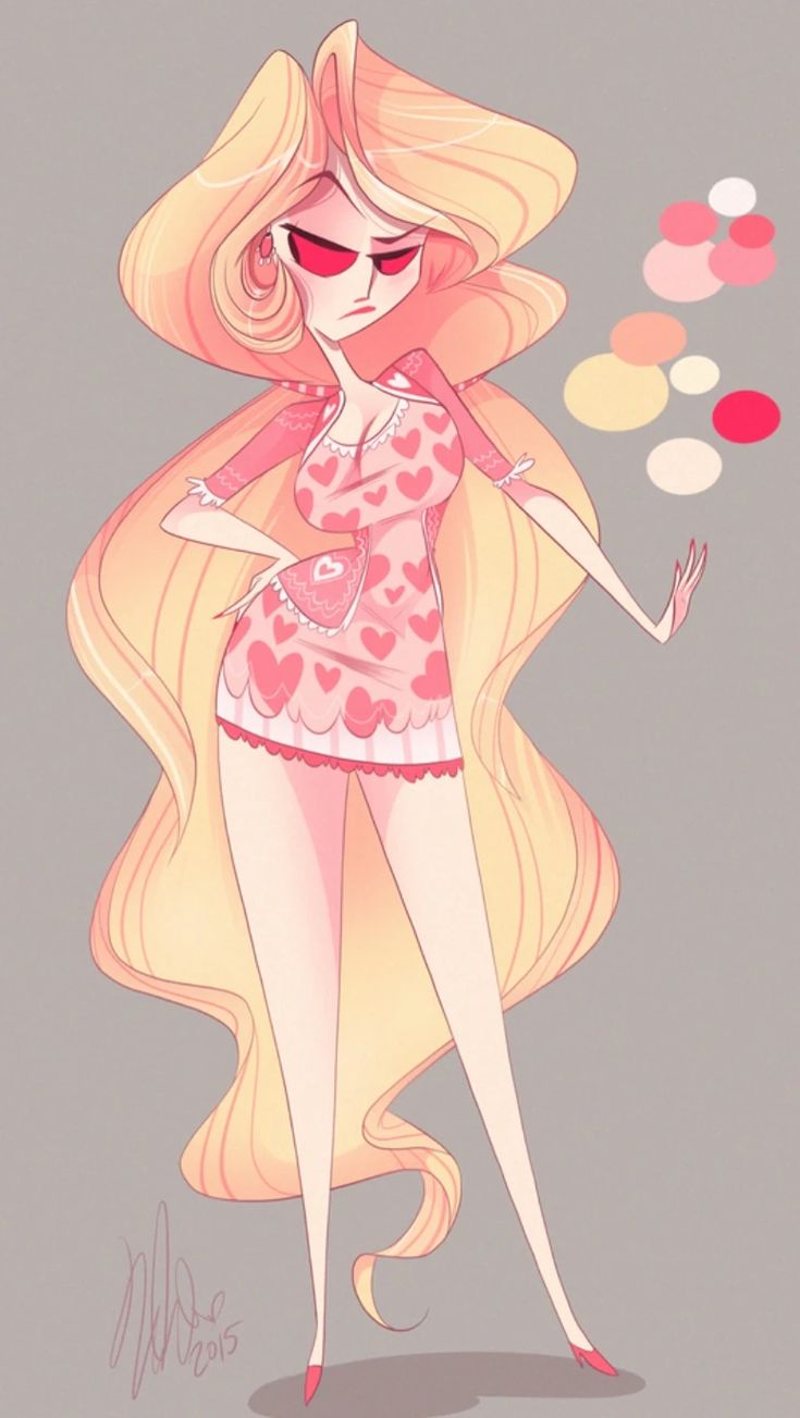 a cartoon girl with long blonde hair and pink dress, standing in front of a gray background