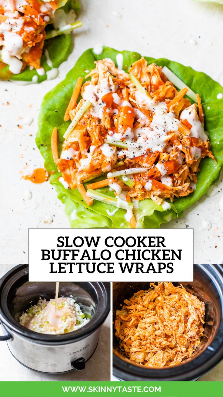 slow cooker buffalo chicken lettuce wraps with ranch dressing on top and in the middle