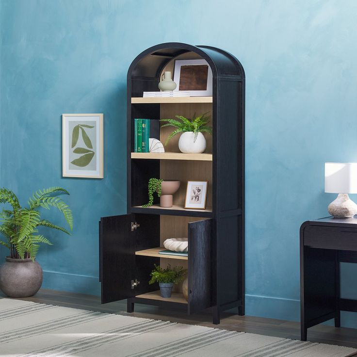 a room with blue walls and a black bookcase in the corner next to a plant