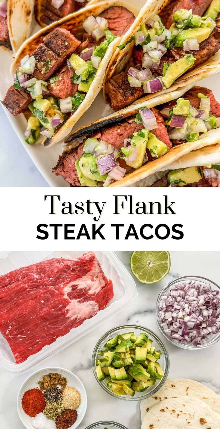 steak tacos with avocado and salsa on the side are shown in this collage