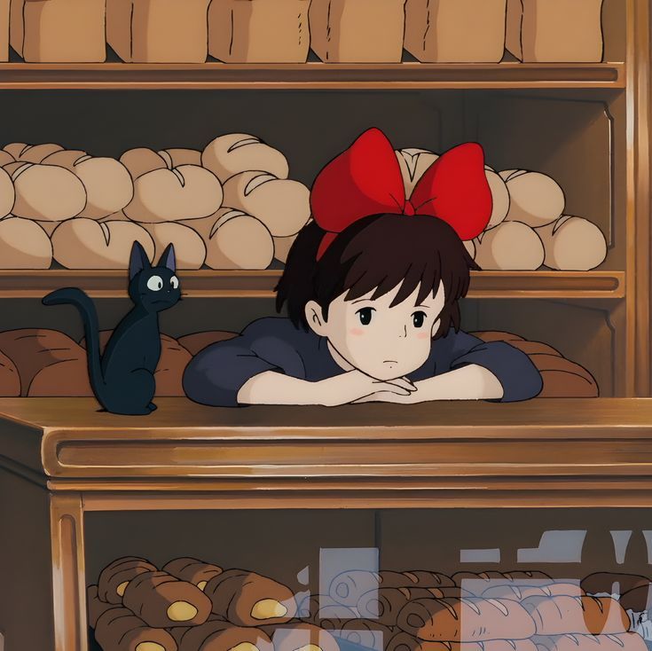 an anime character laying on the ground in front of shelves filled with bread and pastries