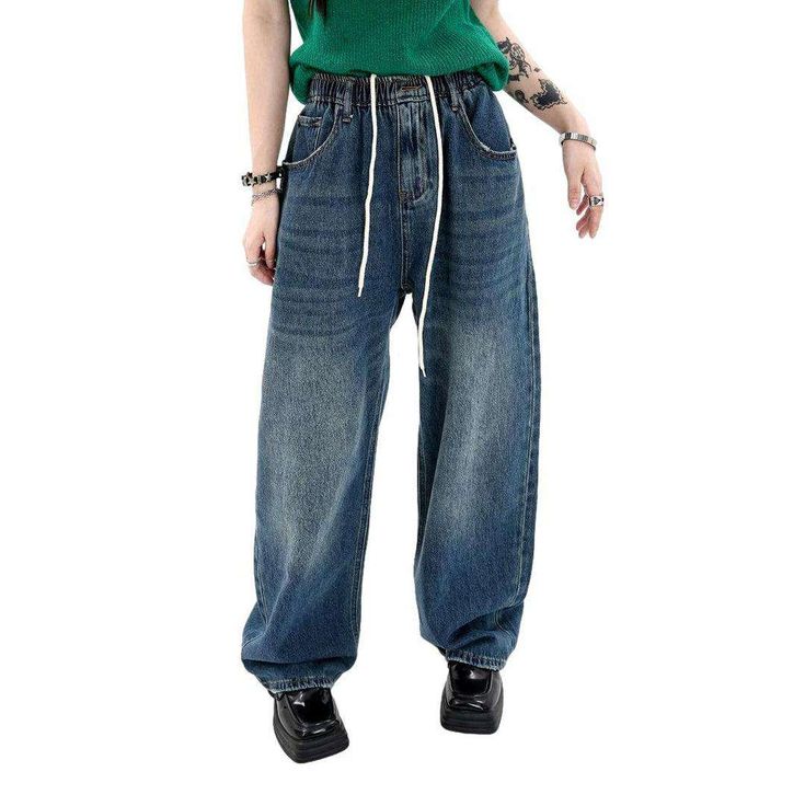 Bring a blast from the past with our medium wash baggy jeans from the 2023 Autumn Collection! These 90s-style jeans embody the grunge movement and offer chic comfort with a whole lot of attitude.Why They're Your Next Wardrobe EssentialThis relaxed-fit denim masterpiece features a high-waist with drawstrings closure. so you can look stylish and stay comfortable. The distressed pattern captures a raw. unfiltered essence. while the zipper & button duo provides functionality and flair. Plus. it's ma 90s Style Jeans, The 90s Fashion, Slouchy Jeans, 90s Vibes, Autumn 2023, Autumn Collection, Street Style Trends, 2023 Autumn, 2023 Collection