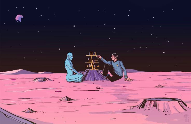 two people sitting on the surface of an alien land