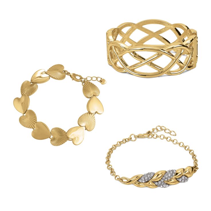 Pure luxury at a supremely affordable price… Three fashionable golden bracelets…each a classic motif — hearts, leaves, or weave — crafted with contemporary flair for an on-trend, sophisticated accent. High-polished, textured and crystal accents provide artistic, visual interest that elevates each design to a level of elegance that transitions any look from daytime chic to evening allure. For a limited time, save over $100 when you order the set—don’t miss out on this amazing deal!An affordable a Trendy Gold Heart Bracelet For Party, Adjustable Gold Luxury Heart Bracelet, Luxury Adjustable Gold Heart Bracelet, Elegant Metal Chain Bracelet, Elegant Metal Heart Bracelet For Party, Adjustable Metal Heart Bracelet For Formal Occasions, Elegant Gold Heart Bangle Bracelet, Elegant Heart Bangle Bracelet For Party, Elegant Metal Heart Bangle Bracelet