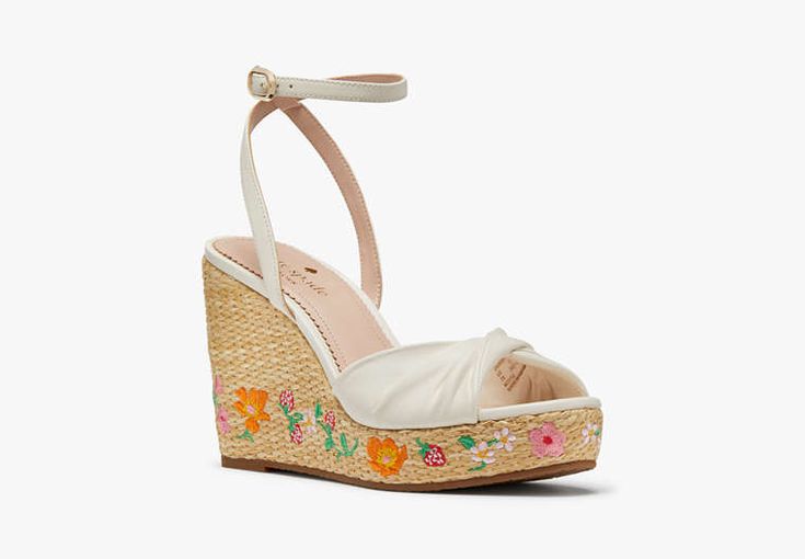 We think good shoes take you to good places. Even better if those good shoes are equally comfortable as they are cute like these heels. | Kate Spade Tallulah Strawberry Garden Espadrilles, Meringue - 9.5 Espadrille High Heels With Wrapped Heel, Espadrille Heels With Ankle Strap, Spring Sandals With Wrapped Flat Heel, Spring High Heel Espadrille Heels, Spring Platform Closed Toe Espadrilles, Espadrille High Heels For Spring, Spring Platform Espadrilles With Flat Heel, Spring Espadrille Wedge Sandals With Round Toe, Chic Spring Espadrilles With Heel Strap