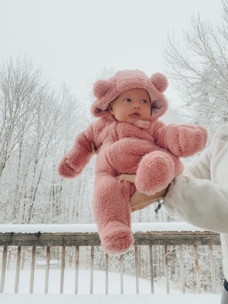 a woman holding a baby wearing a pink teddy bear costume in the snow with trees behind her