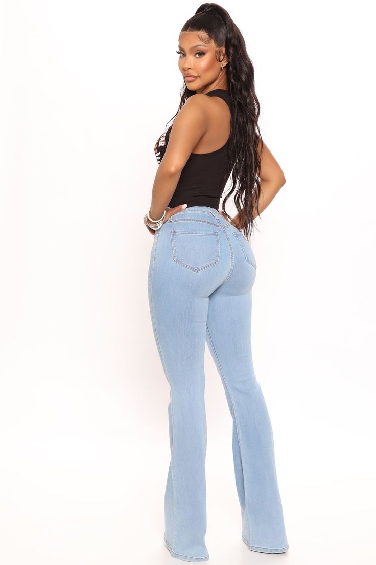 Our sexiest flare jean is offered in a range of washes in a high stretch, super soft fabric that hugs every curve. Fitted in the hips and thighs while flaring at the knee, these jeans elongate the legs and are perfect with a heel. Now offered in a range of washes, colors, and inseams. Available In Black, Dark Denim, Medium Blue Wash, Light Blue Wash, White, Brown, And Olive. Petite 31" Inseam, Regular 34" Inseam, And Tall 37" Inseam 11.5" High Rise High Stretch Denim 22" Flare Leg Opening Faux F Jeans Fashion, Fashion Nova Jeans, Denim Flares, Brown Fashion, Dark Denim, Medium Blue, Jeans Style, Bell Bottom Jeans, Flare Jeans