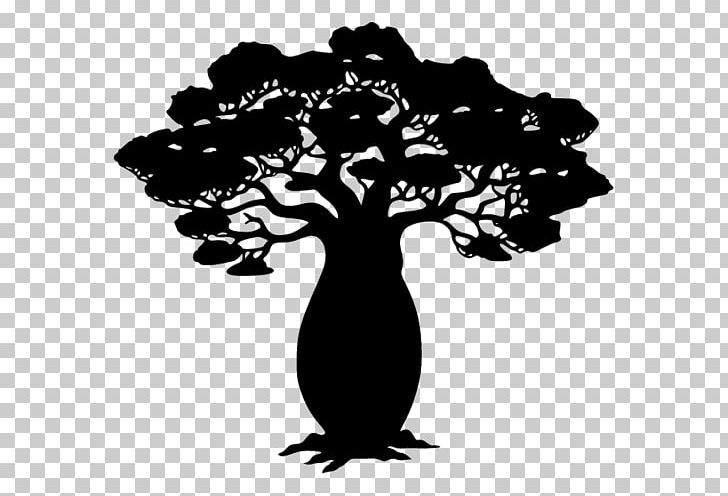 a black and white silhouette of a tree with leaves on it's branches, against a