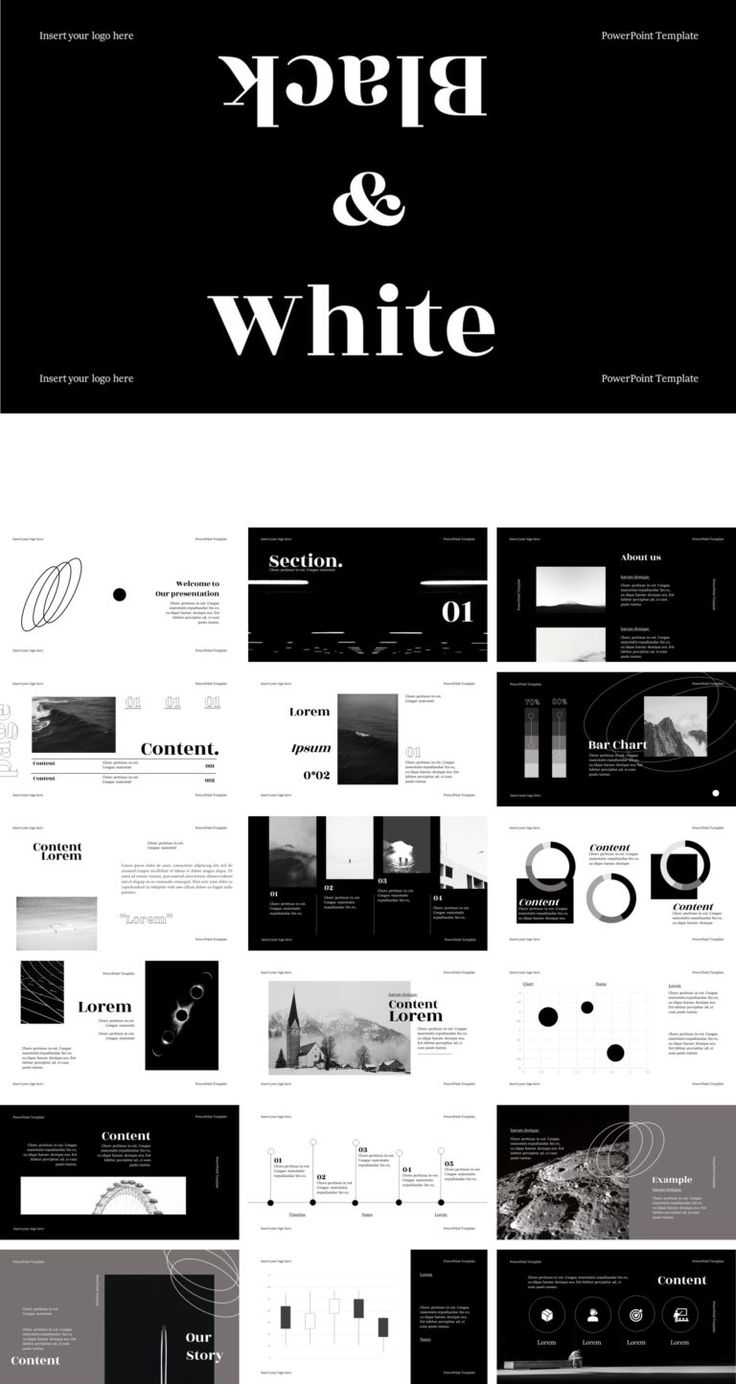 the black and white presentation is displayed in this graphic art work, which includes several different elements