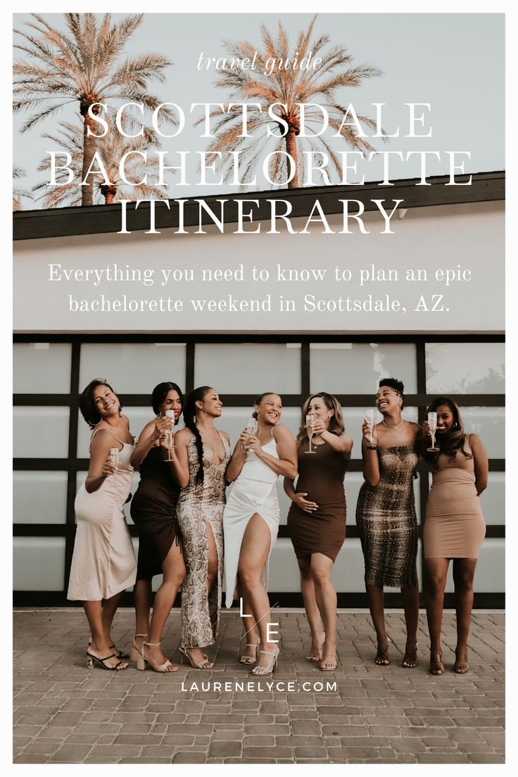 four women standing in front of a building with palm trees and text that reads, the sc