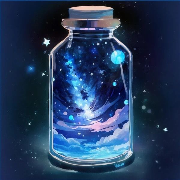 a glass jar filled with water and stars in the night sky, on top of a blue background