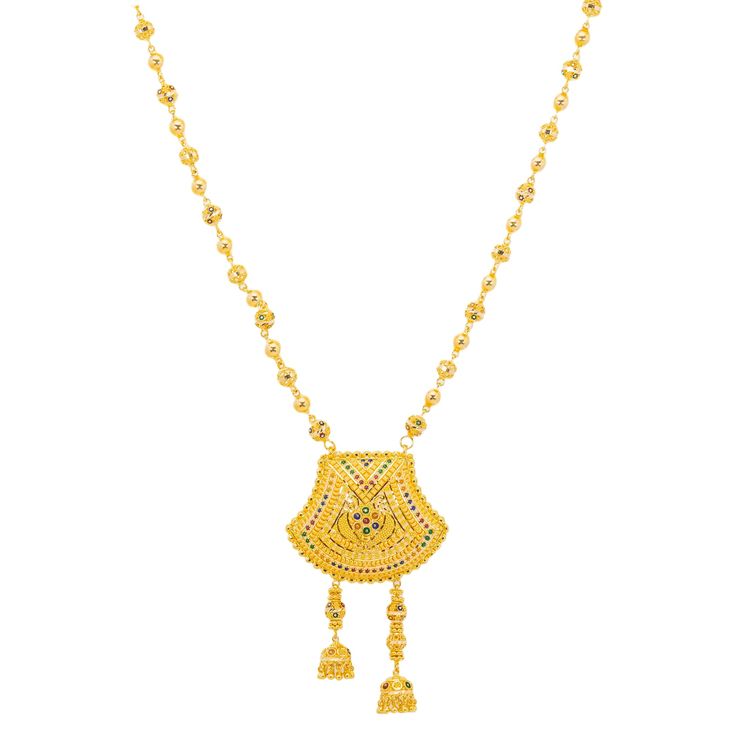 The subtle enamel details creating the beautiful Meenakari pattern makes this minimal 22k gold necklace and earring set an excellent choice for bridal or traditional gowns. Features • 22k yellow gold • Expert filigree • Beaded details • Meenakari pattern As a leading gold Indian jewelry store in the USA, we are proud to offer a wide selection of beautiful Indian gold jewelry, including this gleaming 22k gold jewel set. Shop with us for the finest Indian jewelry, and experience the beauty and ele 22k Yellow Gold Kundan Necklace With Meenakari, Yellow Gold Kundan Necklace With Meenakari For Puja, Yellow Gold Meenakari Temple Necklace For Festivals, Yellow Gold Temple Necklace With Meenakari For Festivals, 22k Gold Bridal Necklace For Puja, Yellow Gold Bridal Necklace With Meenakari, Chandbali-shaped Yellow Gold Bridal Necklace For Puja, Yellow Gold Chandbali Bridal Necklace For Puja, Gold Plated Yellow Gold Bridal Necklace For Puja