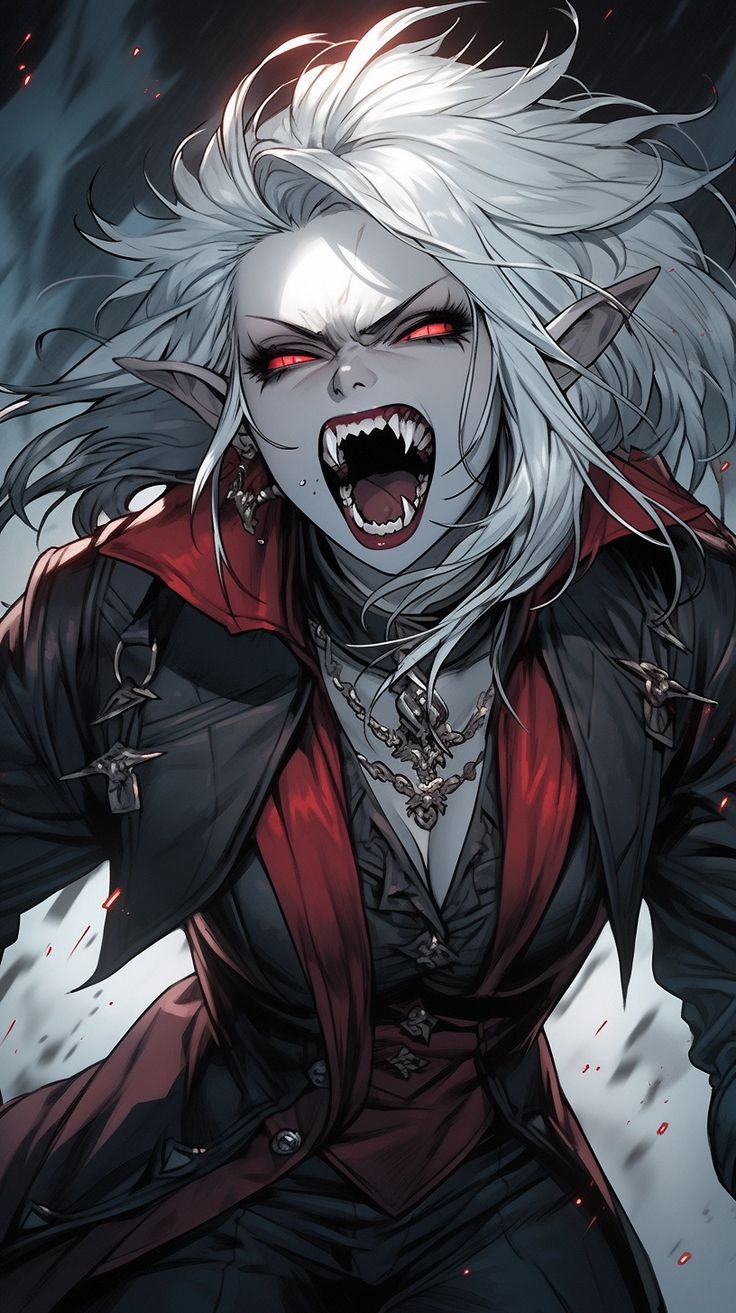 an evil woman with white hair and red eyes