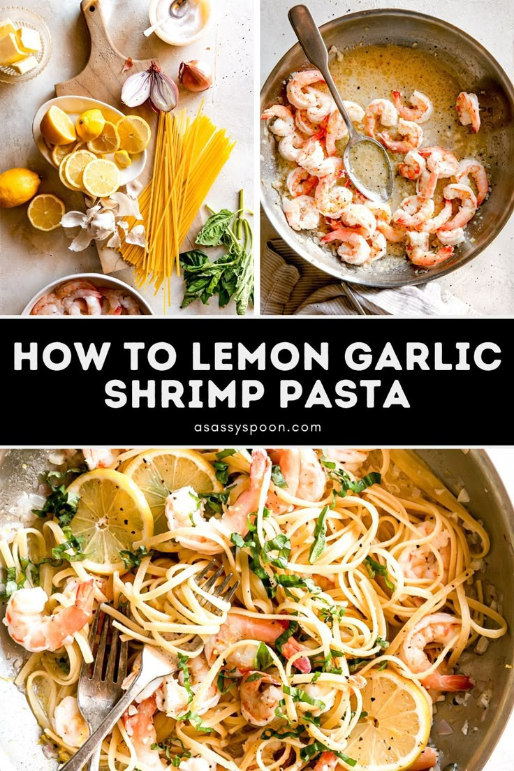 lemon garlic shrimp pasta in a skillet with the title above it