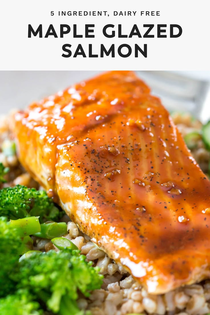 a plate with salmon, broccoli and rice on it is featured in the article maple glazed salmon