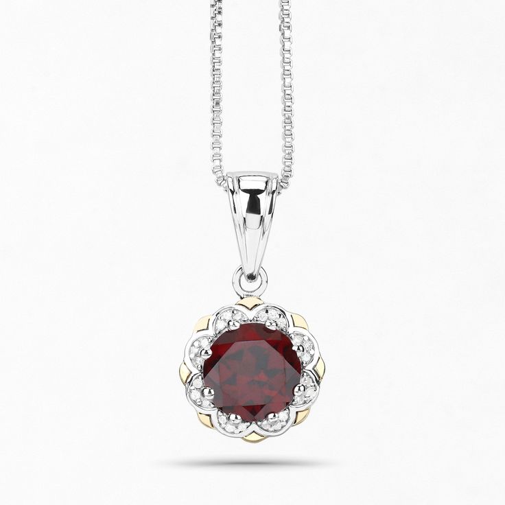 "Garnet Pendant, Natural Red Garnet Round and White Diamonds Pendant Necklace in Sterling Silver & 14K Yellow Gold, January Birthstone Flaunt Yourself With This Garnet And White Diamond halo Pendant. The Natural Gemstones Have A Combined Weight Of 2.32 Carats And Are Set In 14K Yellow Gold With .925 Sterling Silver. The Red Hue Of This Pendant Necklace Adds A Pop Of Color To Any Look! The Understated Design And Vibrant Stones Makes This Pendant Necklace Perfect For Every Occasion. Product De Red Ruby Necklace With Gemstone Accents, Fine Jewelry Red Gemstone Birthstone Necklace, Red Gemstone Birthstone Necklace Fine Jewelry, Fine Jewelry Red Necklaces With Gemstone Accents, Elegant Red Birthstone Jewelry, Garnet Birthstone Fine Jewelry Necklace, Garnet Birthstone Necklace In Fine Jewelry Style, Red Birthstone Necklace In Fine Jewelry Style, Garnet Birthstone Necklaces In Fine Jewelry Style