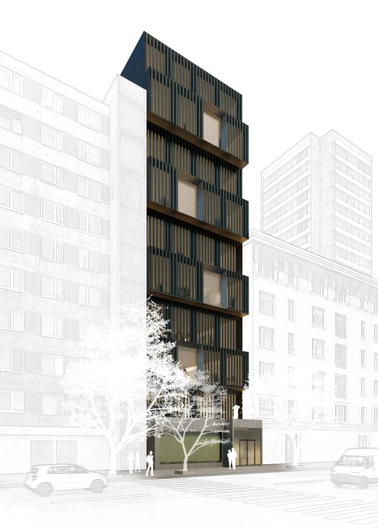 an architectural rendering of a tall building with balconies on the top and bottom floors