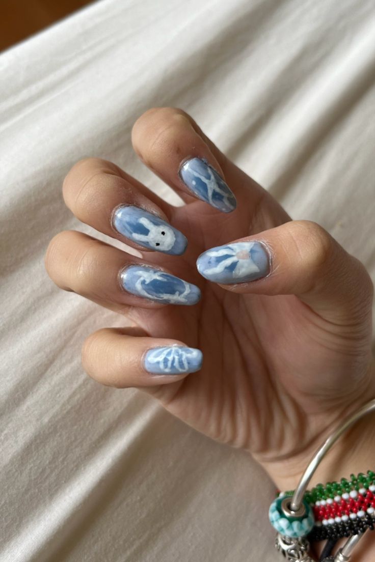 Blue Bunny Nails, Nwjns Nails, Newjeans Nail, Newjeans Nails, Nwjns Bunny, Bunny Nails, Soft Nails, Blue Bunny, Blue Nails