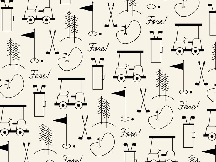 a black and white pattern with different types of trees, cars, and golf tees