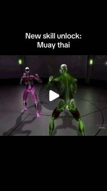 an animated video game showing two people in green and purple outfits, one with the words new skill unlock muay thai