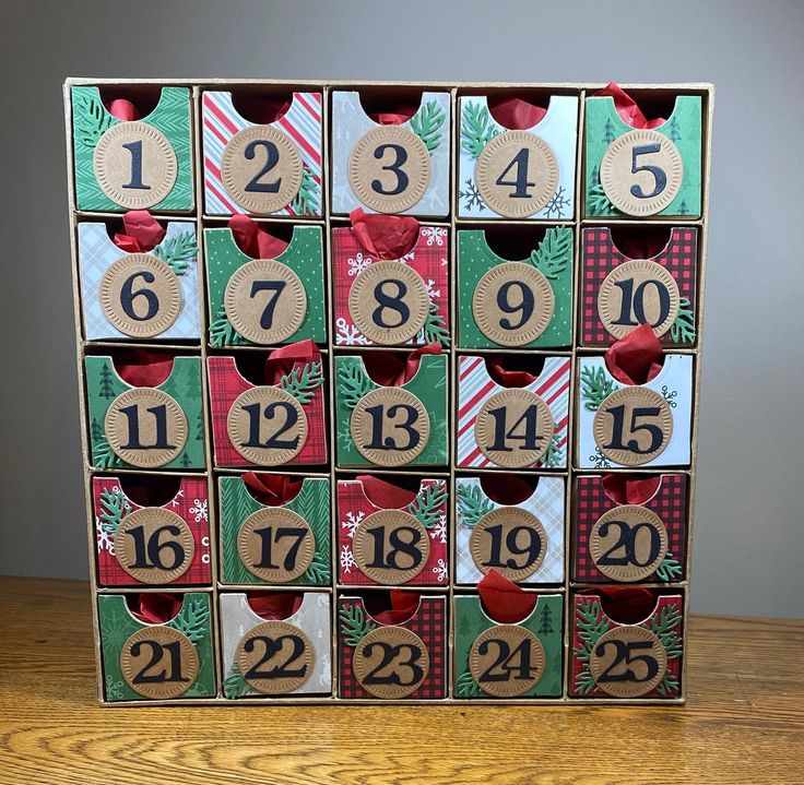 a wooden block with numbers and ornaments on it