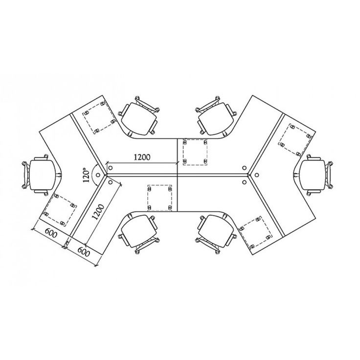 a drawing of an office desk with four chairs and one table on the other side