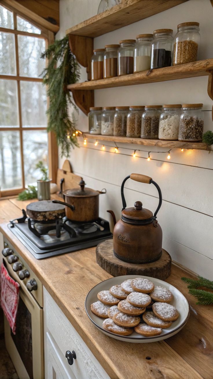 a tea kettle and some cookies on a wooden counter in a kitchen with open shelves