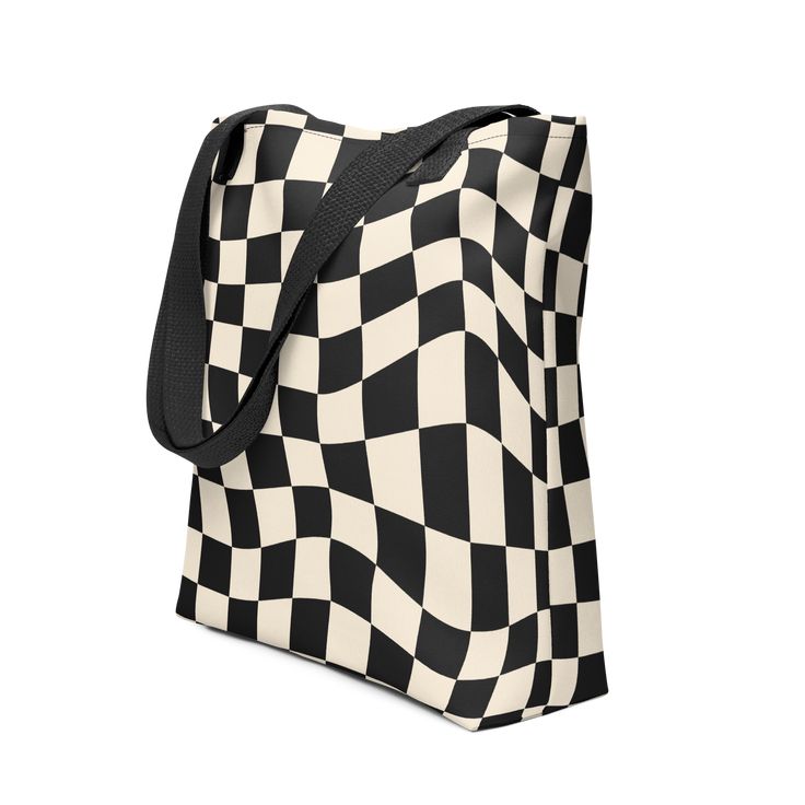 Trendy Tote Bag with Retro Wavy Checkered Black and Cream Pattern by Goth Cloth Co. Retro Black Canvas Bag For Daily Use, Retro Square Black Bag, Retro Black Square Bag, Black Retro Square Bag, Black Retro Canvas Bag For Travel, Retro Black Canvas Bag For Travel, Retro Black Canvas Travel Bag, Black Square Cotton Bag, Black Square Cotton Canvas Bag