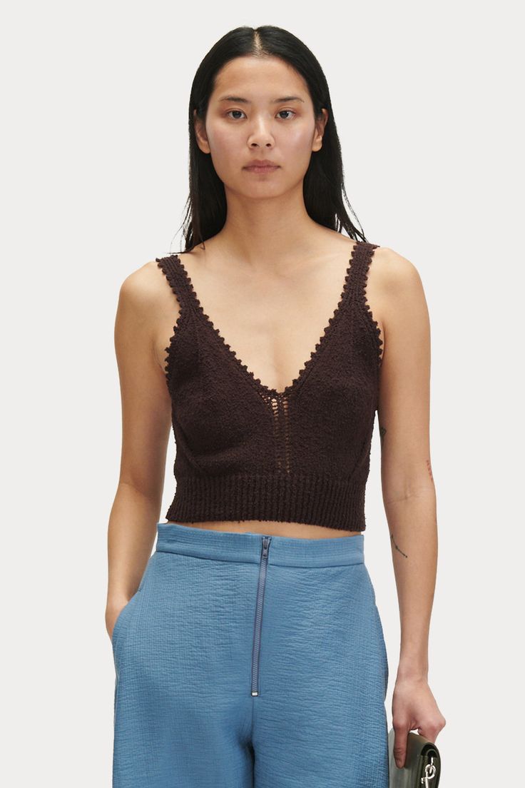 Hana Top Spring V-neck Open Knit Tank Top, V-neck Open Knit Tank Top, Chic Pointelle Knit V-neck Tank Top, V-neck Crochet Trim Knit Top, Fitted V-neck Crochet Knit Top, Fitted V-neck Pointelle Crochet Top, Chic Knit Crochet Tank Top, Fitted Crochet Trim Knit Tank Top, Fitted Knit Tank Top With Crochet Trim