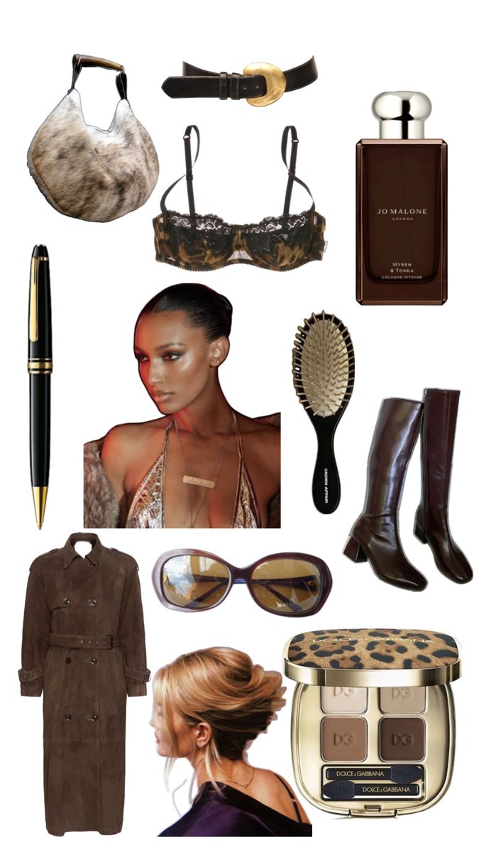 the contents of a woman's wardrobe including shoes, sunglasses and hairbrushes