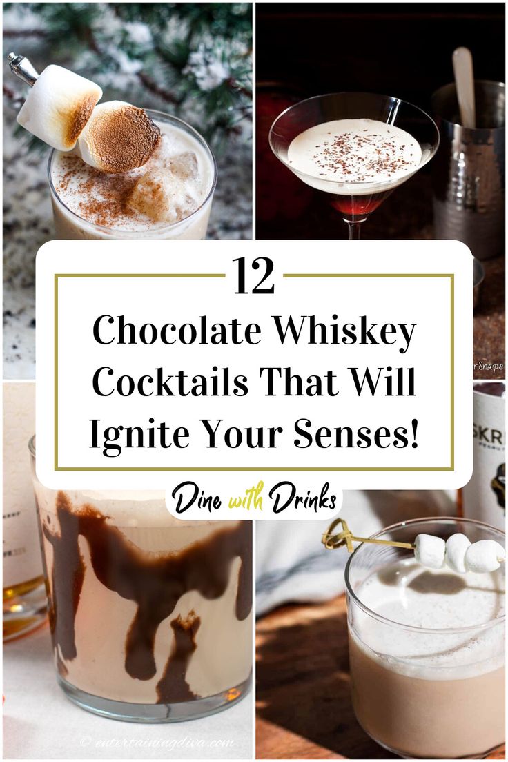 Collage of 4 chocolate whiskey cocktails. Whiskey And Chocolate Pairing, Cookie Dough Whiskey Drinks, Chocolate Whiskey Drinks, Whiskey Martini, Godiva Chocolate Liquor, Whiskey Desserts, Whiskey Mixed Drinks, Drinks Chocolate, Whisky Cocktail Recipes